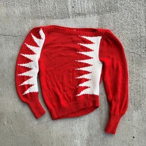 Flamell Red White Zigzag Puff Sleeve Knit Sweater Size S